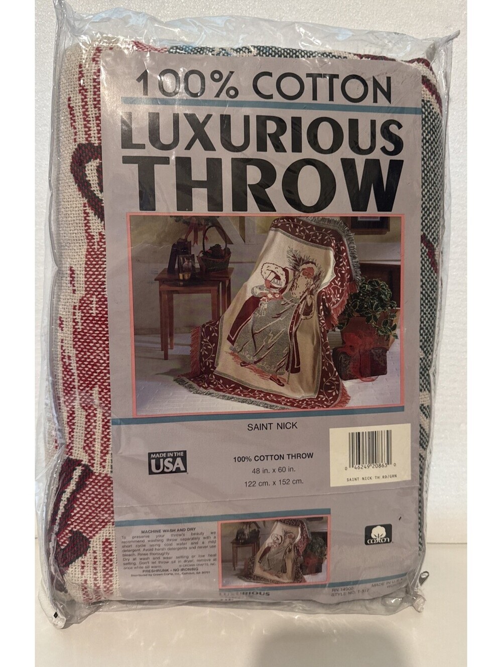 Vintage Crown Crafts Cotton Christmas Throw "Saint Nick" 60" x 48" USA